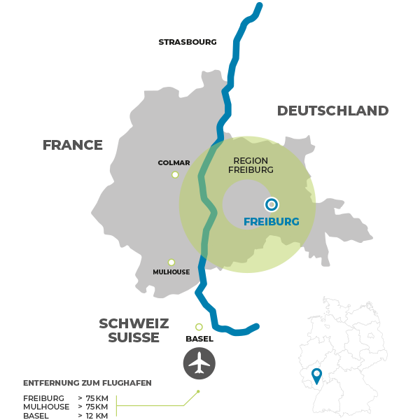 Dreiländereck — France, Deutschland, Schweiz mit Region Freiburg
